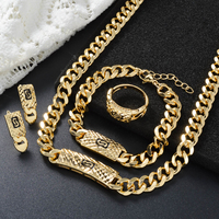 Parure de mariée plaquée or 18 carats avec collier chaîne cubaine, bracelet, bague et boucles d'oreilles, motif floral, style classique, zircon, pour fiançailles et fêtes