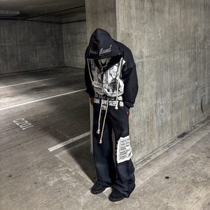 Streetwear personnalisé surdimensionné Vintage acide lavage strass survêtement hommes pantalons de survêtement évasés et fermeture éclair à capuche ensemble 2 pièces pour hommes - Product Image 4