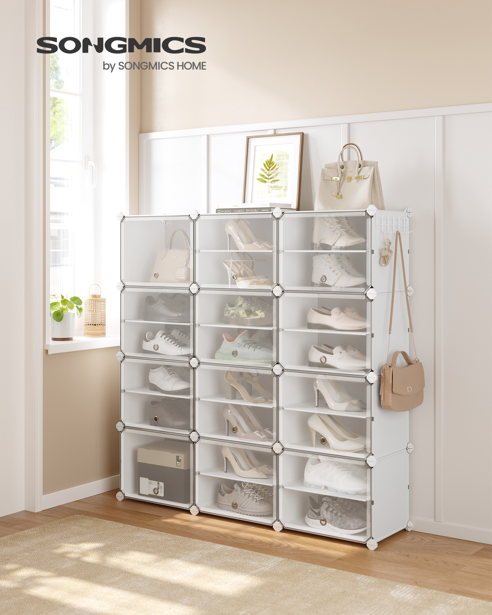 SONGMICS Modular Storage Organiser Unit with Doors Plastic Shoe Storage Cabinet with Steel Frame Interlocking Shoe Rack