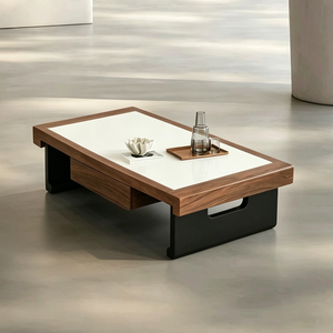 Moderner Couchtisch aus Walnussfurnier mit Mikrokristalliner Steinplatte, Doppelschubladen und passendem Glas-Beistelltisch - Product Image 5