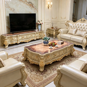 Set di Tavolini da Caffè e Mobile <span class=keywords><strong>TV</strong></span> di Lusso Europeo con Piano in Marmo, Intagliato a Mano in Legno Massello con Finiture Dorate, <span class=keywords><strong>Poltrona</strong></span> per Soggiorno con Spazio di Archiviazione - Product Image 2
