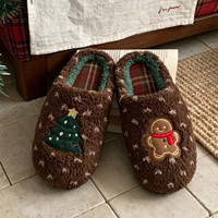 XIXITIAO Chaussons d'intérieur en coton doux et chauds unisexe, motif sapin de Noël et pain d'épices, antidérapants, pour couple