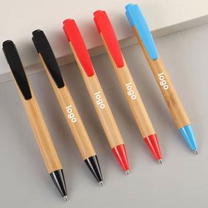 Stylo bille rétractable en bambou et bois massif écologique avec logo personnalisé, clip coloré et gravure laser – Cadeau publicitaire - Product Image 1