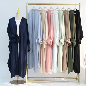 Plus Size Satin Abaya <b>Cardigan</b> Muslim Robe Solid Color Loose Fit Pleated Cuff Islamic Outerwear - Product Image 1