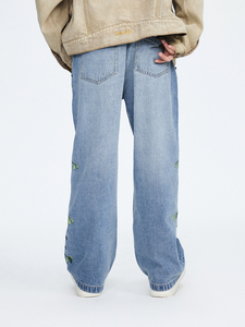 YKMOZI Original Vintage Blue Jeans Logo personnalisé imprimé mi-poids rigide Denim lâche lavé taille basse Goth pantalon été - Product Image 3