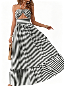 Vestido de mujer Manny Sunshine con detalles calados, bajo con volantes a rayas, plisado frontal, estilo bohemio y espalda descubierta, modelo Bangkok - Product Image 2