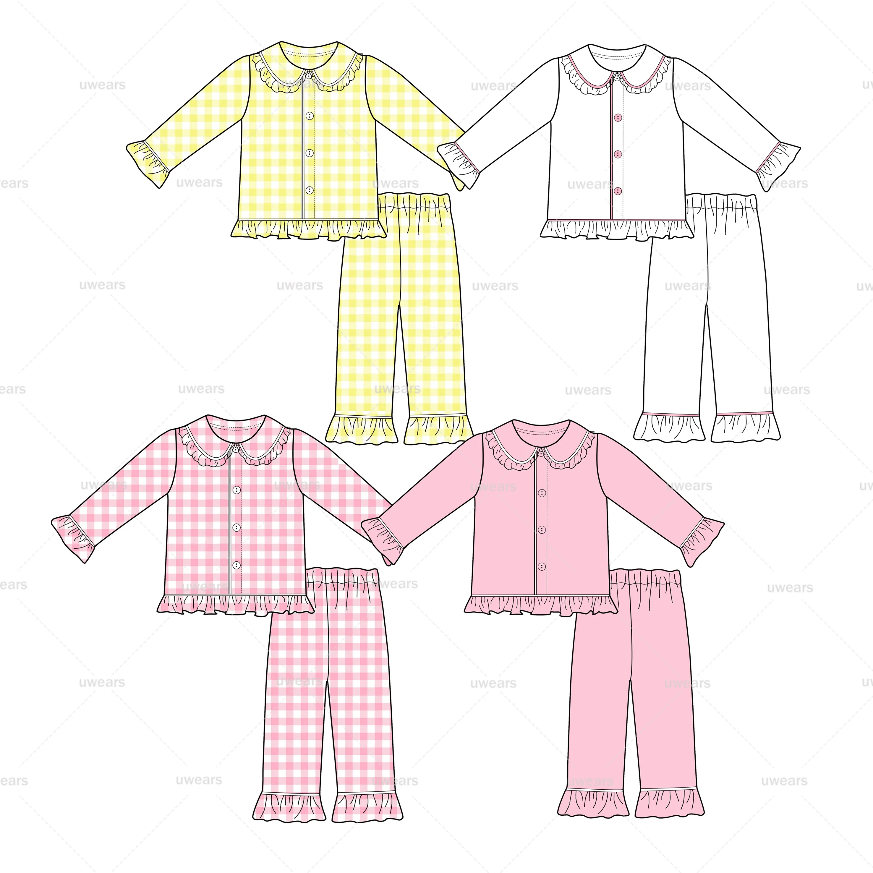 Sweet girls ruffle pjs long sleeve gingham cotton knit spring baby girl pyjamas
