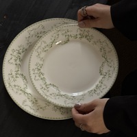 Ensemble de vaisselle rétro vert tendre en céramique, style ancien, assiette à petit-déjeuner, assiette à dessert