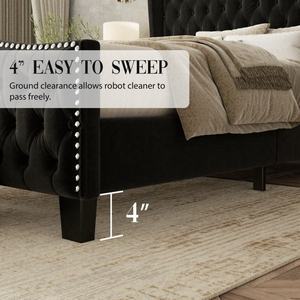Struttura letto in legno massello con tessuto in velluto nero per camera da letto e arredamento domestico - Product Image 5