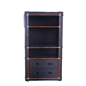 Foshan Factory Directly OEM ODM Retro Vintage negro cuero librería 3 niveles con 2 cajones madera ratán almacenamiento estantería hogar - Product Image 2