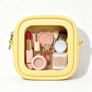 Sac de beauté jaune en cuir PU, petit sac de rangement, sac de voyage pour femmes, sac à maquillage avec fermeture éclair et logo imprimé - Product Image 1