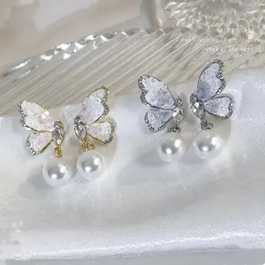2023水晶蝴蝶珍珠耳环利基设计高级独特流行耳环