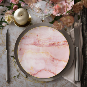 Juego de <span class=keywords><strong>vajilla</strong></span> de cerámica ecológica de lujo, platos de cena redondos con patrón de mármol blanco rosa, platos para alquilar - Product Image 4