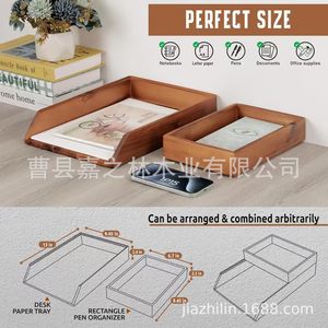 Wooden Desktop File Tray Double Layer <b>Storage</b> Organizer For Office <b>Documents</b> Notebooks Paper Holder Rectangular Desk Organizer - Product Image 4