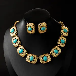 Natural Gemstone Boho Custom Stone Jewelry Indian Gold Plated And Turquoise Necklace Jewelry Set For Women Western