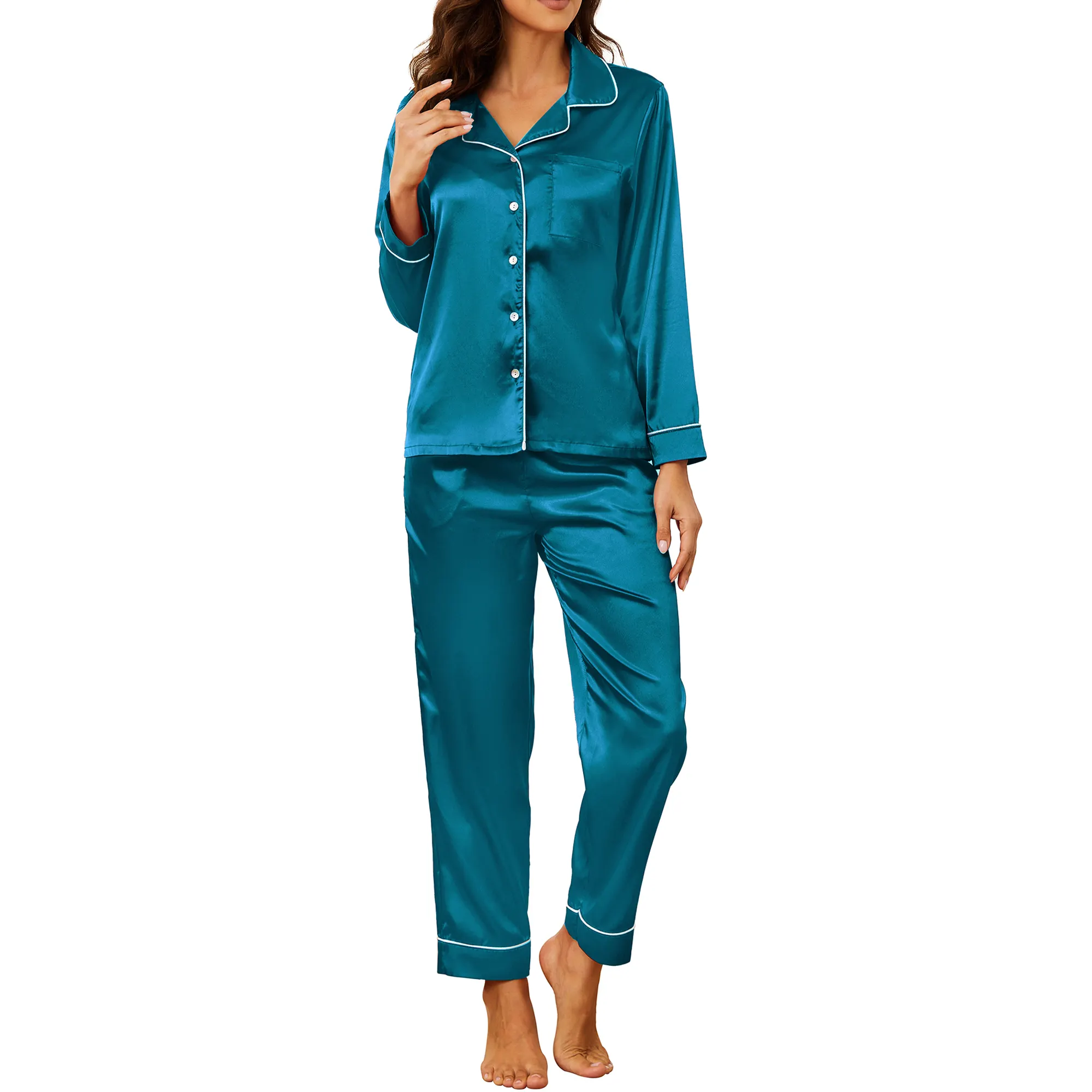 एमक्यूएफ हॉट सेलिंग लक्जरी पजामा सूट महिलाओं के लिए स्लीपवियर साटन रेशम महिलाओं के लिए ठोस रंग चिकना पजामा सेट