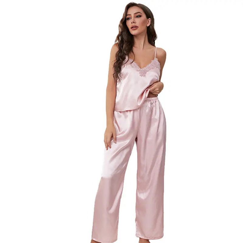 Spring summer cross-border satin loungewear breathable lace suspender nightdress women's silk slim sexy pajamas wholesalegewear