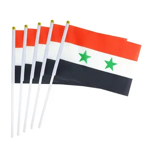 Free Shipping Syrian Flag 14x21CM Polyester Table Flags with Pole Flying Country Hand Waving Syrian Arab Republic Hand Flags