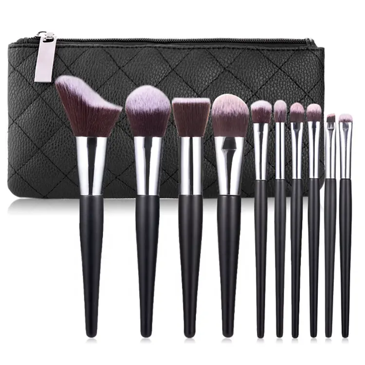 Sialia Classic Black Wood Handle 10 Pieces Cosmetic Brush Set With Case Professional Make Up Tools For Ladies