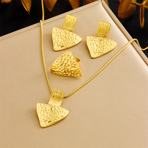 Geometric Stainless Steel Necklace Earrings Ring Set Triangular Textured Unisex Fashion Jewelry - Product Image 1