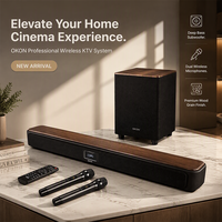 Barre de son Bluetooth en bois OKON avec deux micros sans fil, caisson de basses de 8 pouces, ARC, optique, coaxial, système de haut-parleurs audio domestique