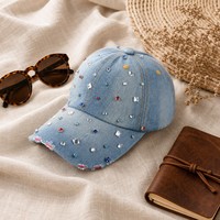 Topi Baseball Denim Berhias Logo Rhinestone, Warna Biru Pudar, Pinggiran Berjumbai, Jahitan Kontras, Gaya Streetwear, Grosir