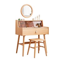 Coiffeuse murale en bois massif de hêtre nordique avec miroir rond en verre trempé, style bois naturel, pour chambre à coucher, avec tabouret