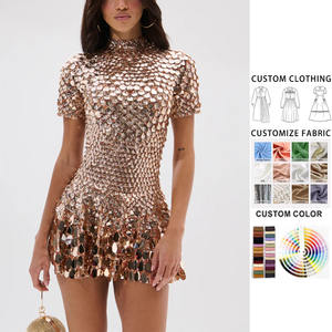 Abiti Casual <span class=keywords><strong>Mini</strong></span> Eleganti in Tessuto Elasticizzato Lavorato a Maglia con Maniche Corte Personalizzate, Paillettes Dorate a Conchiglia, Collo Alto, Vita Naturale e Orlo Arricciato - Product Image 1