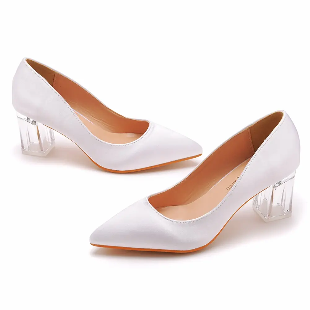S0133Y Crystal square heel transparent heel pointed shoe dance party bride foreign trade satin silk dress long