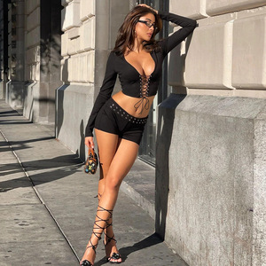 Nouvelle collection automne 2024, ensemble short 2 pièces sexy et tendance, noir, décolleté, skinny, en soie de lait, écologique, pour femmes - Product Image 2