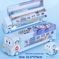 Porte-crayons en forme de bus mignon HUA, bus rose, porte-crayons en métal à trois étages avec taille-crayon intégré pour filles et enfants