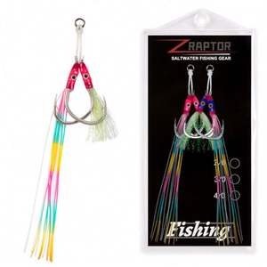 <span class=keywords><strong>Hameçon</strong></span> de pêche <span class=keywords><strong>BKK</strong></span> Double Assist Hook en soie lumineuse multicolore à haute teneur en carbone pour jigging lent, avec yeux adhésifs en résine époxy - Product Image 2