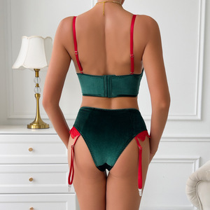 Nouveauté - Ensemble de lingerie en velours de Noël à col en V, 2 pièces, vente en gros, ensemble de sous-vêtements décorés de dentelle érotique - Product Image 5