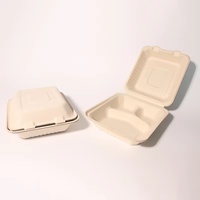 Boîte alimentaire minimaliste en bagasse, jetable, biodégradable, à 3 compartiments, type coquille, avec séparateur pour boîte à lunch
