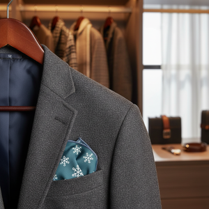 Petroleum Blue Snowflake 100%-Cotton Certified Organic Pocket Square with Center Extra <b>Stitching</b> - Product Image 3