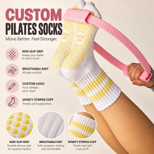 Chaussettes de yoga et de Pilates personnalisées à rayures blanches et jaunes, antidérapantes avec points en silicone, pour femmes, OEM ODM, faible MOQ - Product Image 1