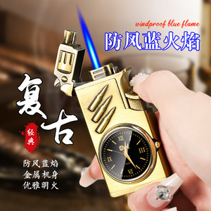 Briquet à double flamme à allumage direct avec cadran d'horloge, flamme bleue coupe-vent, rechargeable au butane, en métal, cadeau d'affaires - Product Image 3