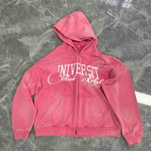 Sweat à capuche zippé personnalisé en molleton bouclette effet vieilli vintage 500 g/m² épais délavé à l'acide effet soleil décoloré pour homme - Product Image 2