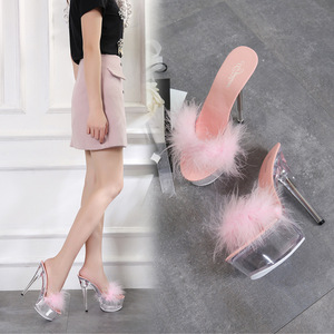 <b>Platform</b> Sandale Femme Glass Bottom Open Toe Furry High Heel Shoes Mules Slippers for Women - Product Image 4