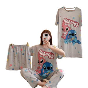 Ensemble de pyjama d'été 4 pièces respirant en tricot à taille élastique pour femme, motif dessin animé style moyen-oriental, idéal pour l'extérieur - Product Image 1