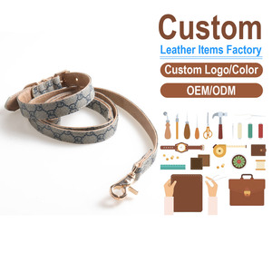 Luxury Monogram Pet <b>Collar</b> Leash Set Vintage Canvas Soft PU <b>Leather</b> Dog Walking Gear Adjustable Stylish Puppy Harness - Product Image 1