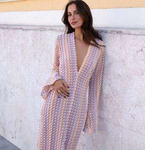 Vestido casual maxi <span class=keywords><strong>sexy</strong></span> para mujer con cuello en V profundo, de punto, con encaje calado, manga larga, 5 colores, nuevo en stock, con logo personalizado - Product Image 3