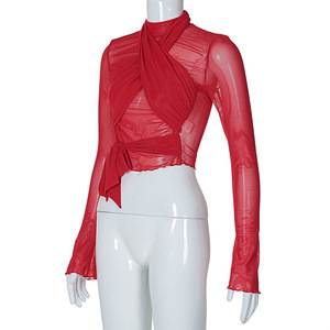 GX4343 Fashion Lady Street Wear Primavera Otoño Blusa Malla Ver a través de manga larga Unique <span class=keywords><strong>Cross</strong></span> Top Camiseta de mujer - Product Image 3