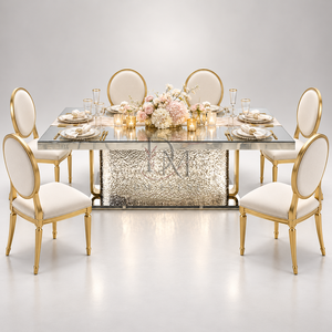 Mesa de Banquete de Acero Inoxidable de Lujo con Cubierta de Vidrio Espejo, Panel Texturizado y Pedestal, Proveedor Mayorista para Bodas y Eventos - Product Image 5