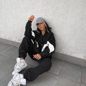Hot Sale Fashion Women's Contrast Color 2-Piece Set Lined Casual Winter <b>Tracksuit</b> Full Zipper Stand Hoodie Jogger Knitted Plain - Product Image 5