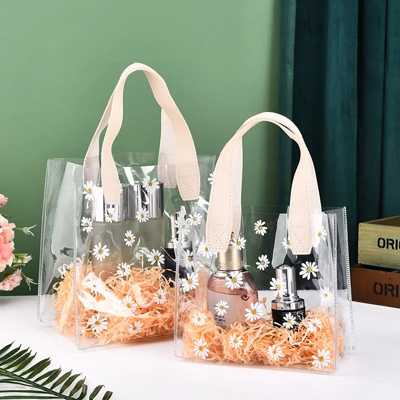 Tas Tote wanita Mini bunga tunggal tas tangan bangku plastik transparan bening PVC tas hadiah untuk bisnis kecil