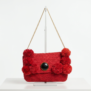 Sac à main en crochet pour femme, forme carrée, avec chaîne, pompon décoratif, style bohème, fermeture à bouton, sac de plage - Product Image 2