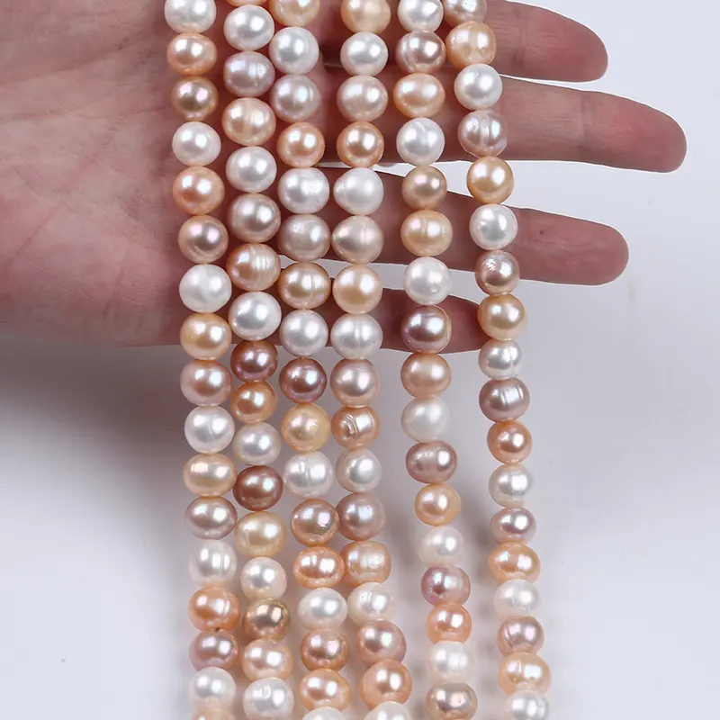 Hilo de perlas de agua dulce con forma de patata, Color Natural, 9-10mm, venta al por mayor, fabricación de joyas
