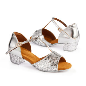 Zapatos de Baile Latino con Tira en T y Brillantina de Alta Calidad para Niñas, Zapatos de Baile de Salón con Tacón Bajo de 3.5CM para Salsa Moderna - Product Image 1