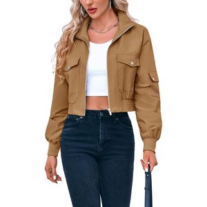 Chaqueta Bomber Corta Personalizada para Mujer, Ligera, con Cierre de Cremallera, Manga Larga, Cuello Alto, Estilo Casual con Bolsillos - Product Image 1